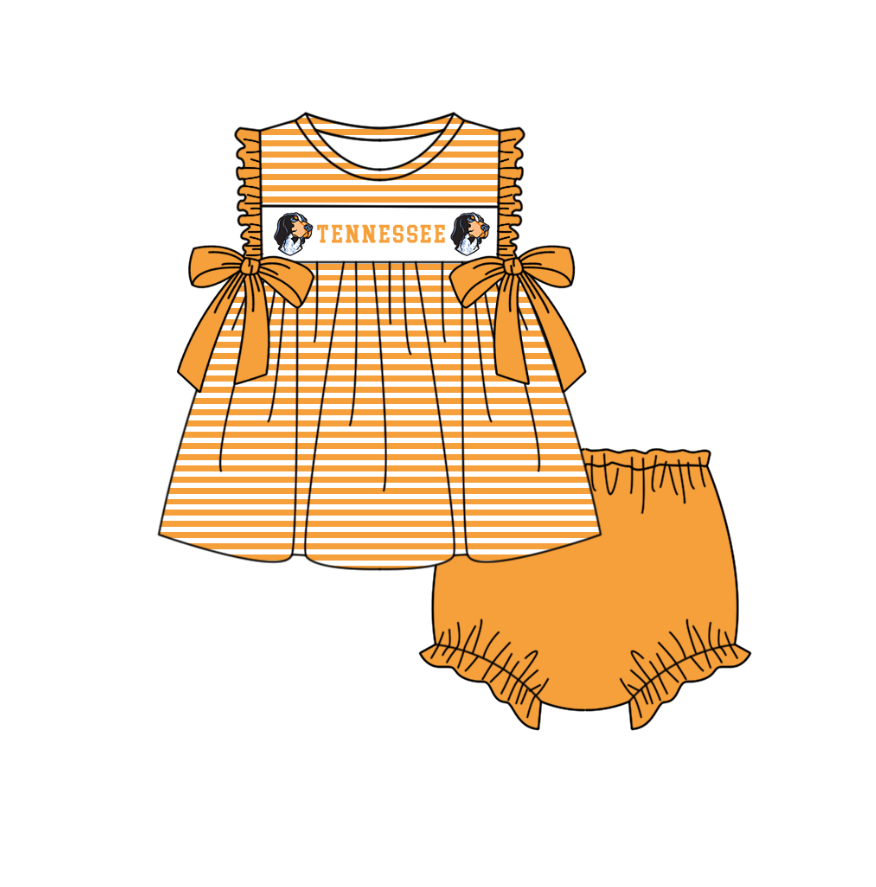 CUSTOM MOQ 5 Sibling Boys Baby Girls Orange Color Stripe Top Ruffles Shorts Clothes Set Knee Length Dress Rompers