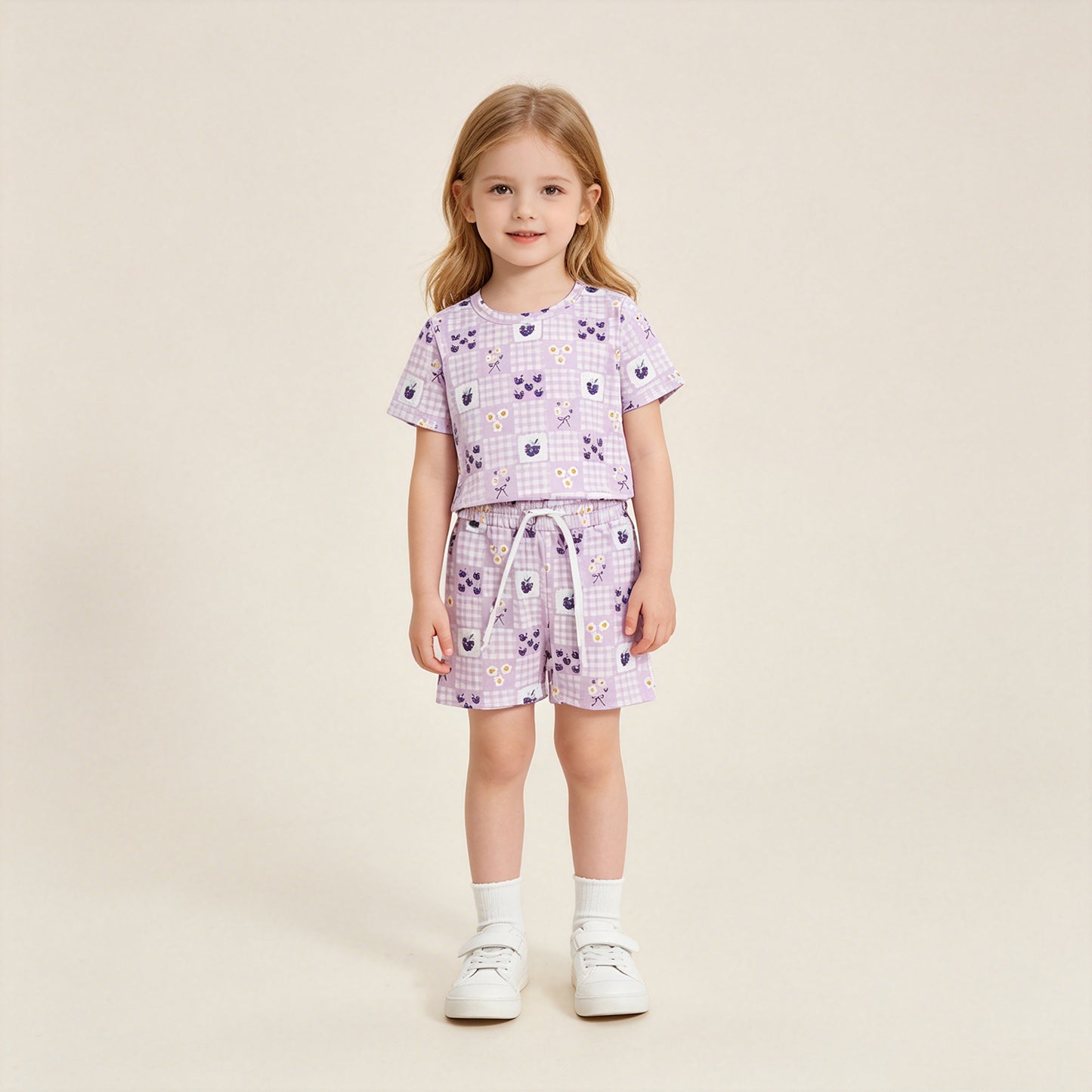 GSSO3647  RTS NO MOQ （In stock ） No Moq Baby Girls Purple Checked Flowers Top Short Clothes Set
