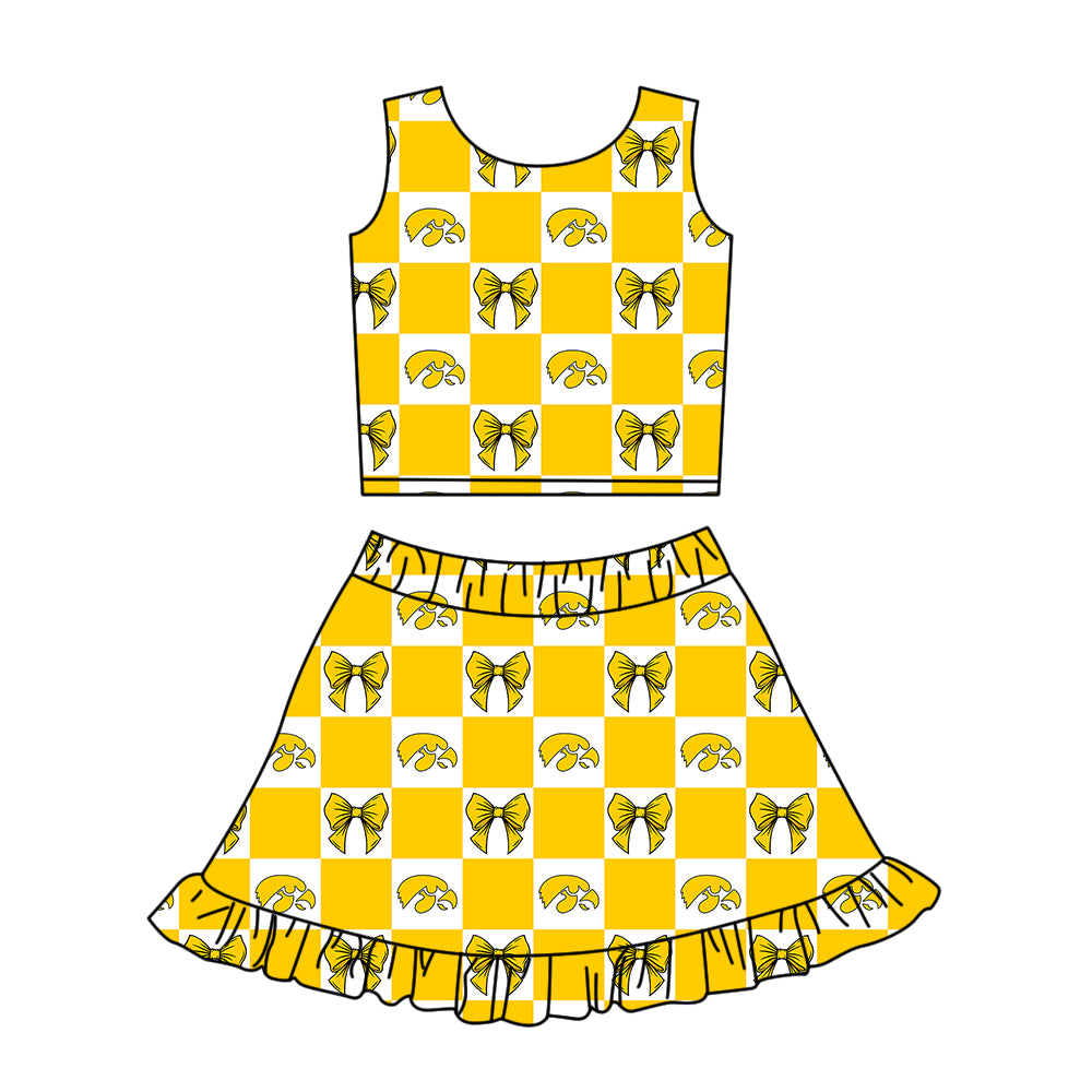 CUSTOM MOQ 5 Sibing Kids Clothing for Girls Baby Girls Yellow Bow Top Skirts Yoga Active Team Clothes Sets Knee Length Dress Shorts
