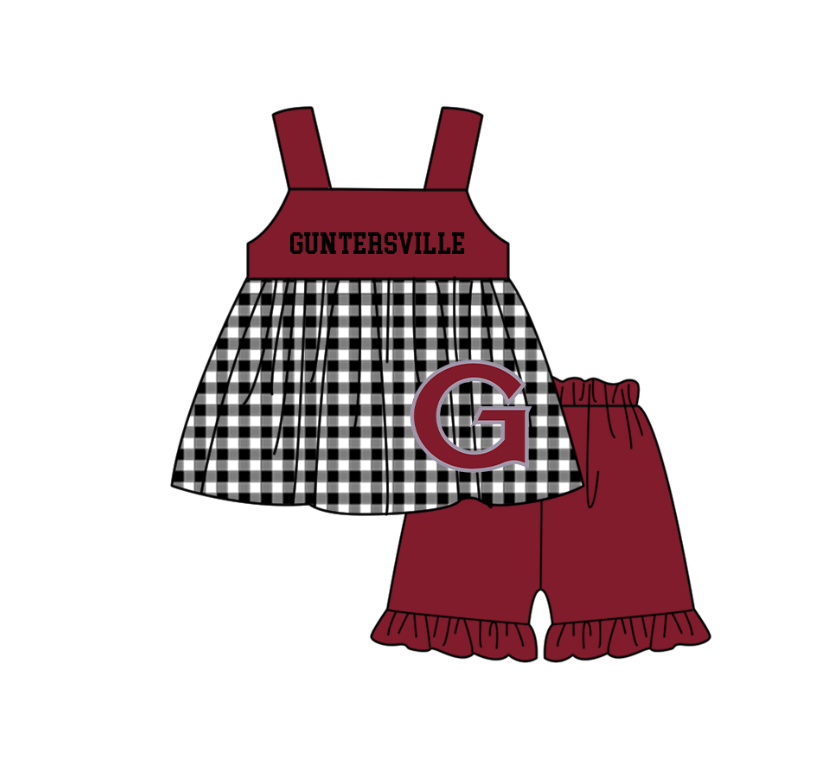 3.6 CUSTOM MOQ 5 Sibling Boys Baby Girls Dark Red G Checked Top Shorts Clothes Set Knee Length Dress Rompers