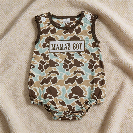 SR3907 RTS NO MOQ （In stock）Sleeveless camo mama's boy embroidery baby romper