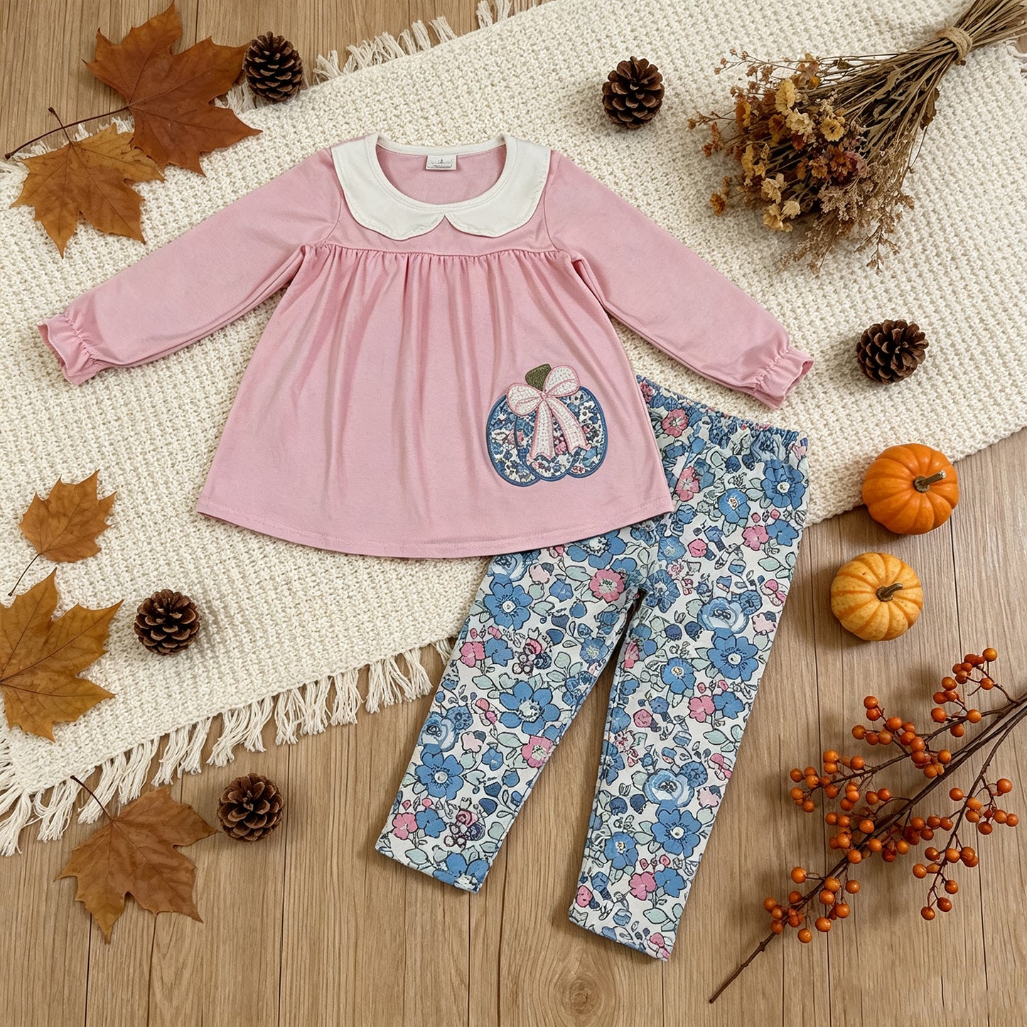 RTS NO MOQ （In stock）milk silk GLP3319  Embroidery Flowers Pumpkins Baby Girls Collar Tunic Leggings Fall Clothes Sets
