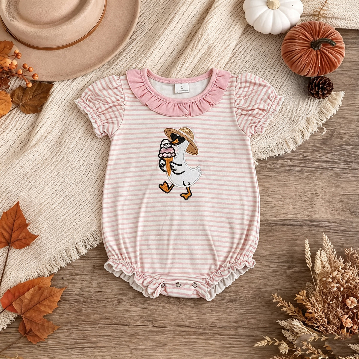 RTS NO MOQ （In stock）milk silk SR4101 Embroidery Ice Cream Gooses Baby Girls Pink Stripe Ruffle Rompers