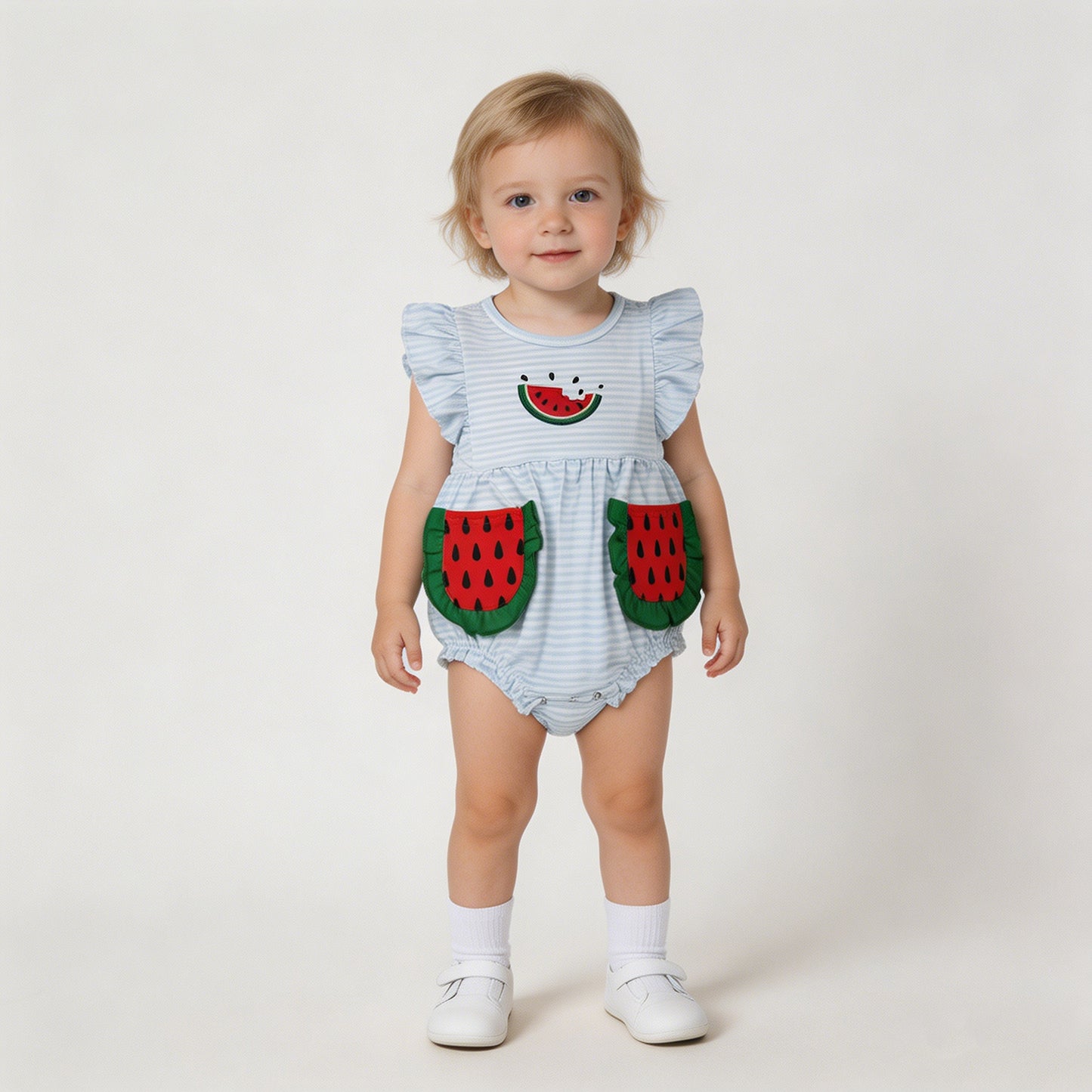 SR4153 RTS NO MOQ （In stock）Embroidery Watermelon Baby Girls Flutter Sleeve Blue Stripe Pockets Ruffle Romper