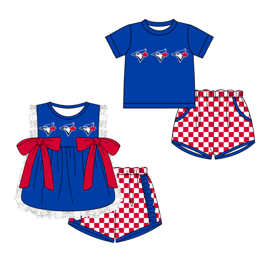 CUSTOM MOQ 5 Cute Comfortable Clothing For Kids Sibling Boys Baby Girls Summer Blue Bow Top Red Checked Shorts Team Clothes Sets