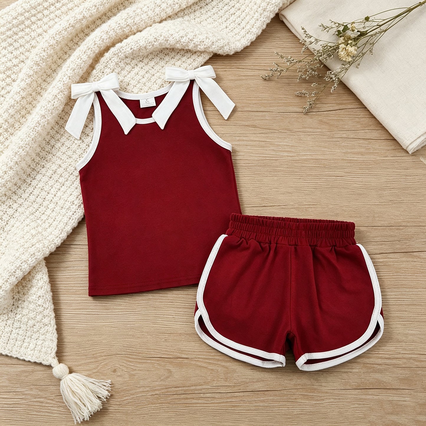 RTS NO MOQ （In stock）cotton GSSO3855 Baby Girls Maroon White Bows Sleeveless Vest Top Short Sets