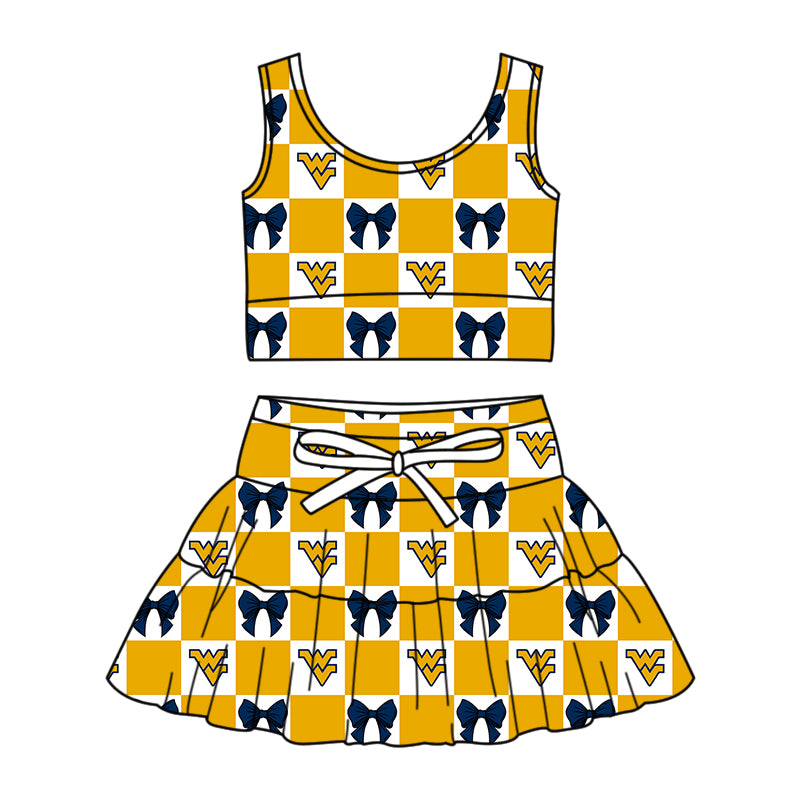 CUSTOM MOQ 5 Sibing Kids Clothing for Girls Baby Girls Yellow Bow Top Skirts Yoga Active Team Clothes Sets Knee Length Dress Shorts