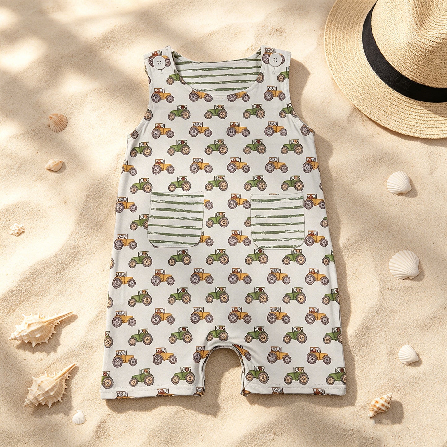 SR1586 RTS NO MOQ （In stockSleeveless tractor stripe pocket baby boy romper