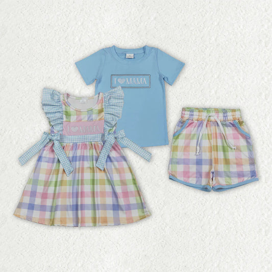 3.20 RTS Sibling Baby Kids Embroidery I Love Mama Pockets Short Clothes Set Knee Length Dresses