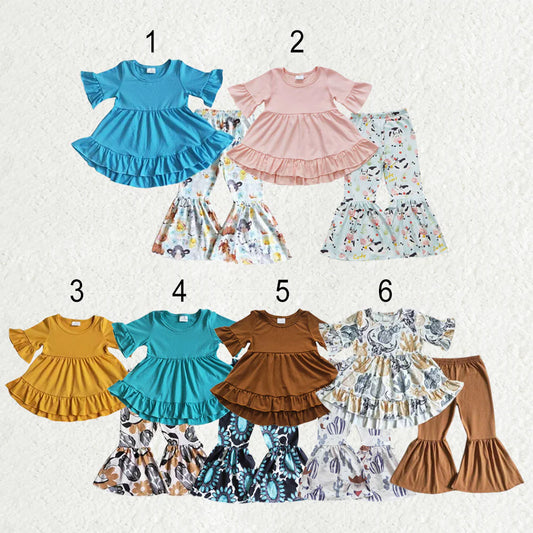 12.22 RTS Sibling Baby Girls Short Ruffle Sleeve Ruffle Tunic Farm Western Bell Bottom Pants Clothes Sets