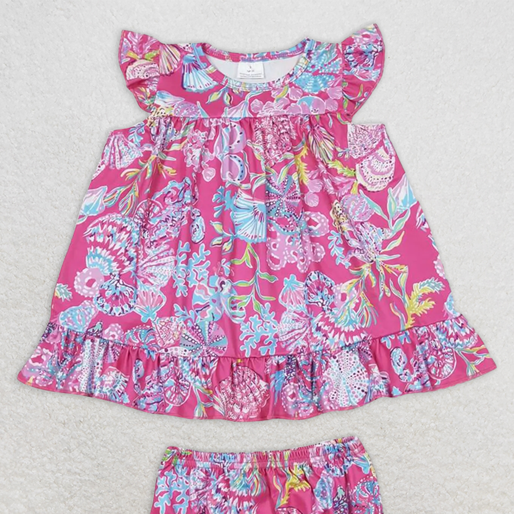 GBO0344  RTS NO MOQ Baby Girls Summer Outfits Baby Girls Pink Shells Tunic Top Bummies Clothes Sets