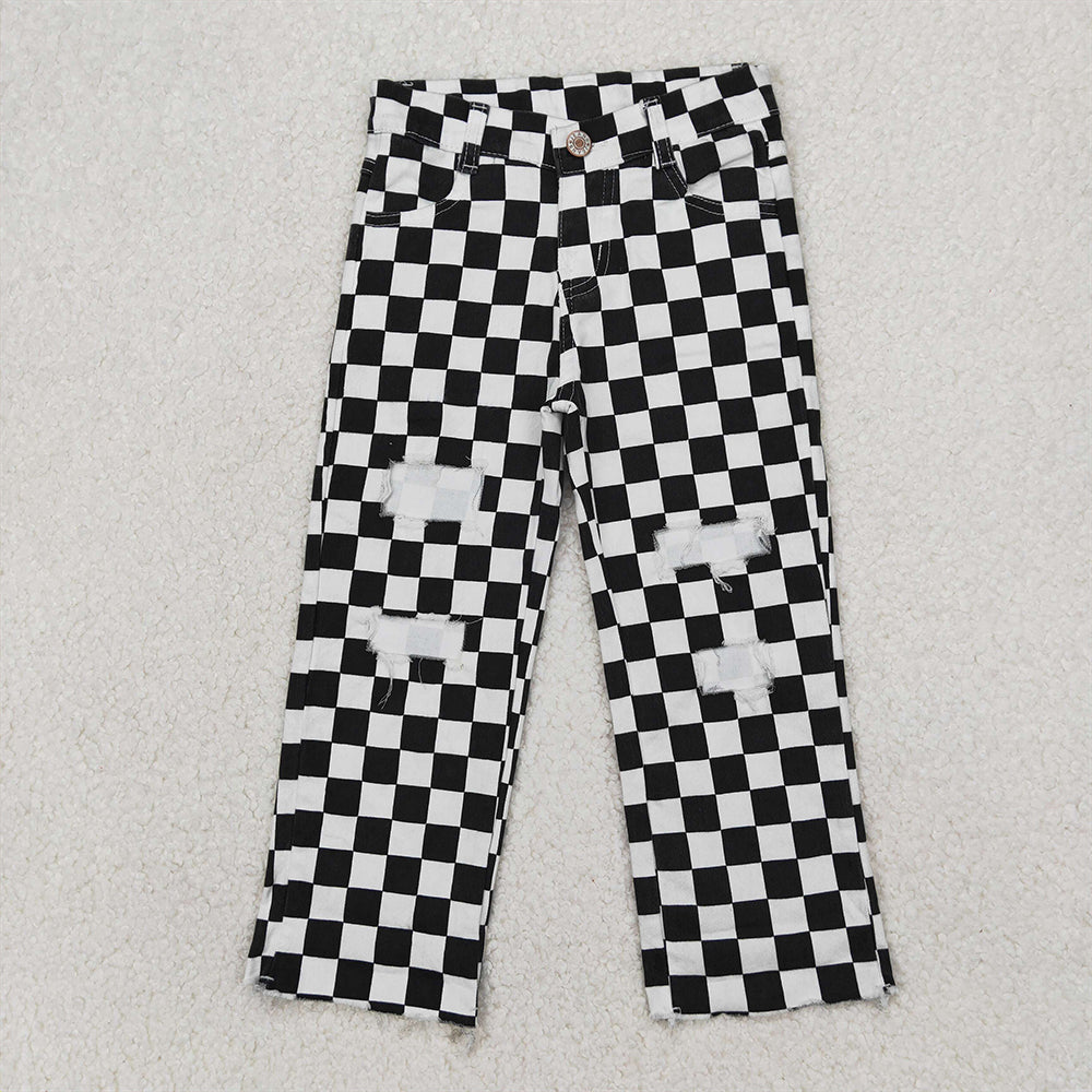 4.07 P0122 RTS NO MOQ Baby Boys Pants Black checked hole baby boy jeans