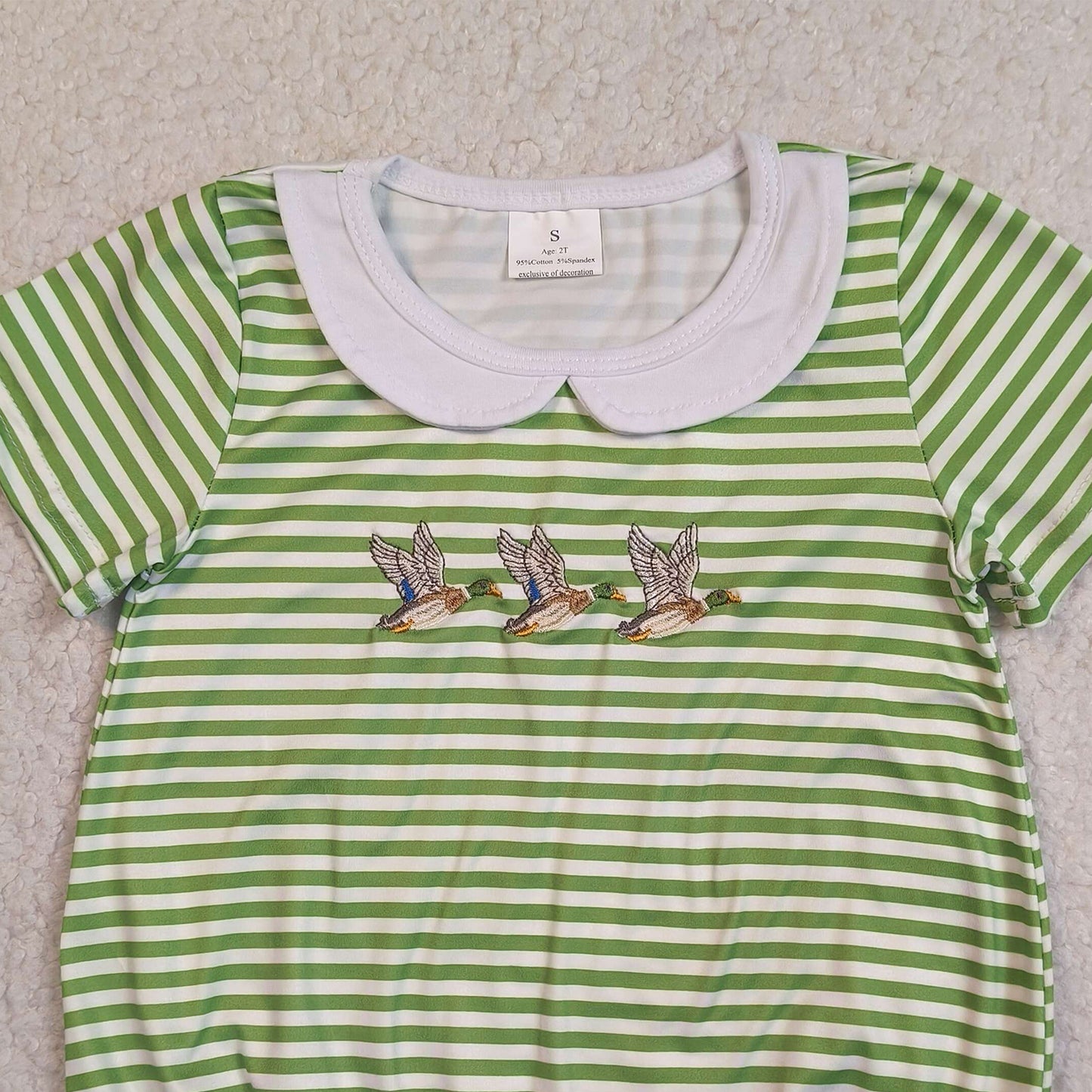 SR4083 RTS NO MOQ （In stock）Green stripe duck embroidery baby boy summer romper