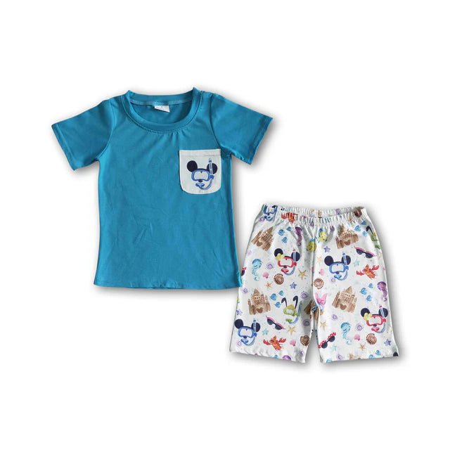 BSSO0038 Sales New RTS No Moq Promotion Blue shirt cute print children set cute boy clothes