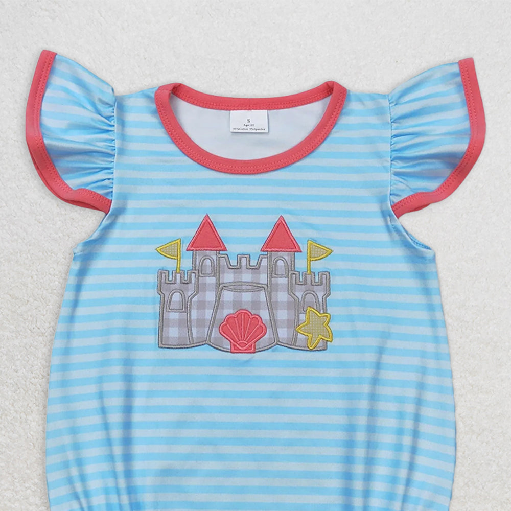 SR1317 RTS NO MOQ  Baby Girls Baby Girls Summer Rompers Castle Embroidery Beach Sibling Clothes Sets