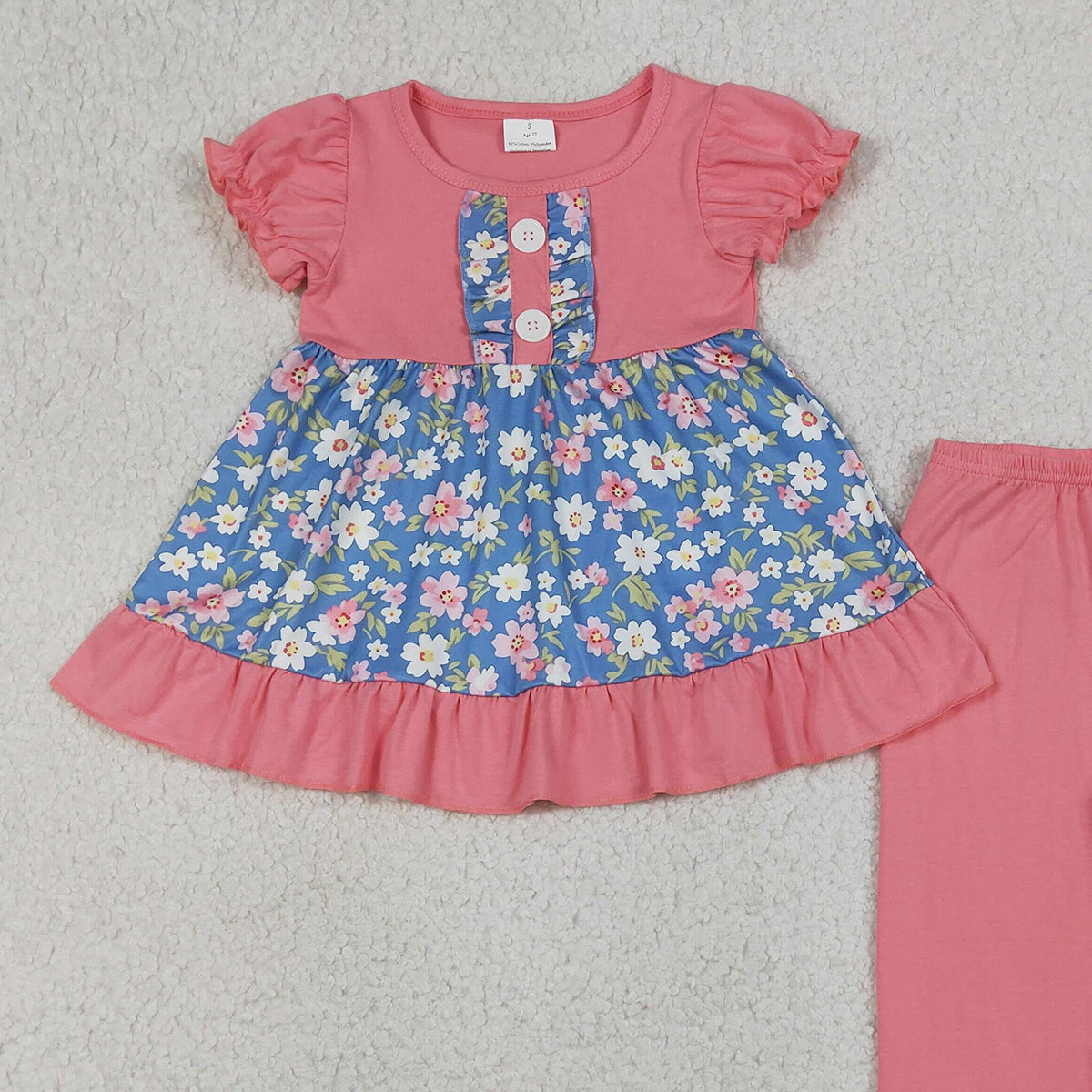 4.13 GSPO1814 RTS NO MOQ （In stock ）Pink short sleeves floral tunic ruffle pants girls clothing