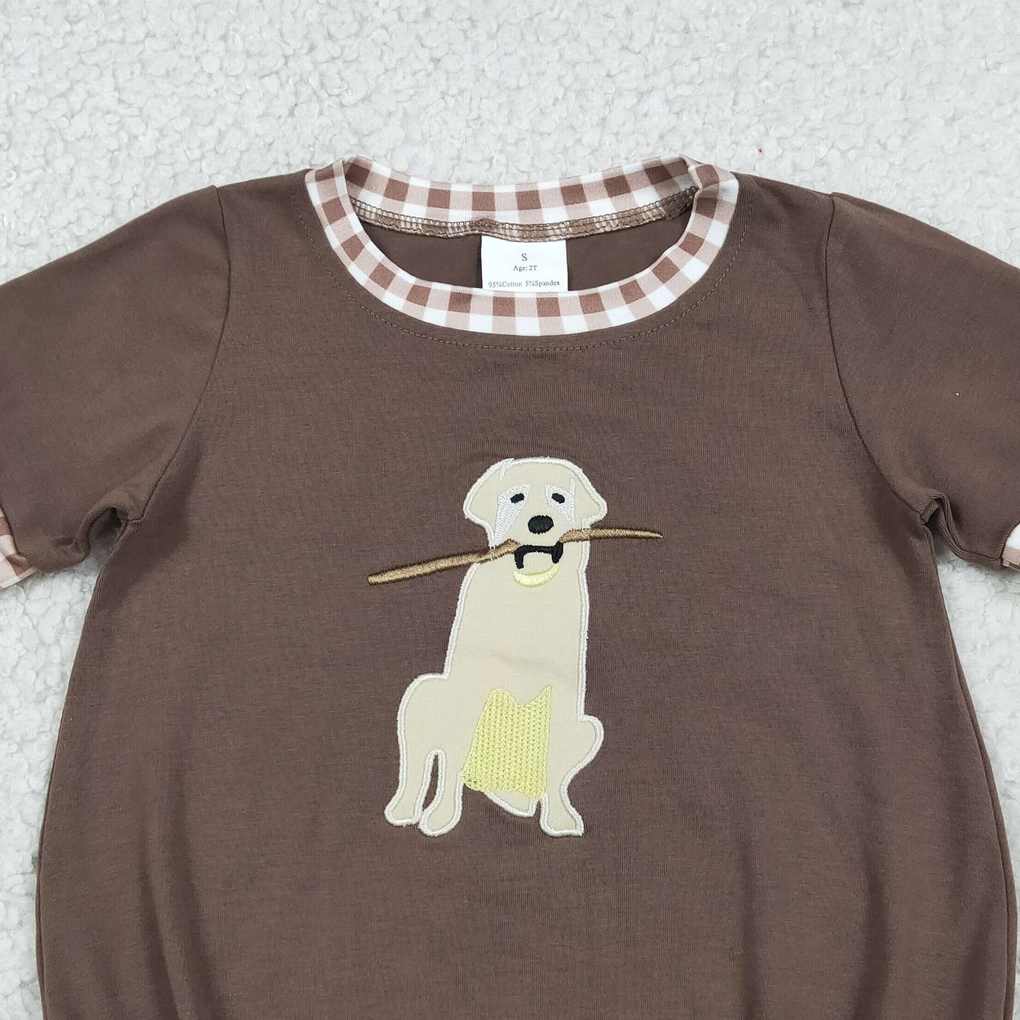 SR3470 RTS NO MOQ （In stock）Short sleeves brown dog embroidery kids boys summer romper
