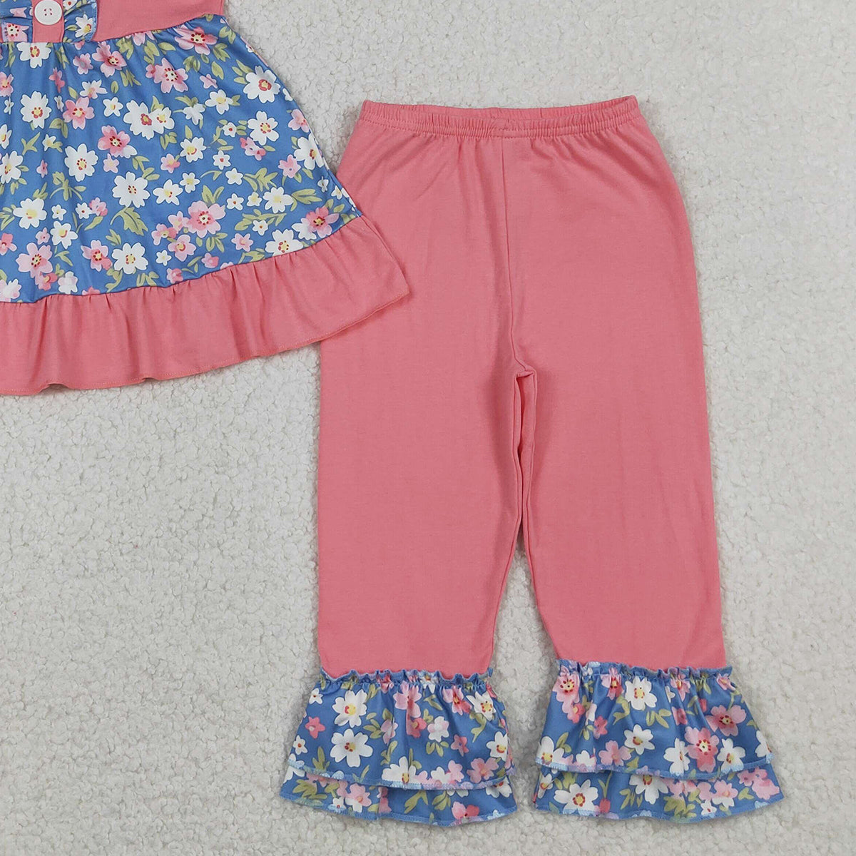 4.13 GSPO1814 RTS NO MOQ （In stock ）Pink short sleeves floral tunic ruffle pants girls clothing