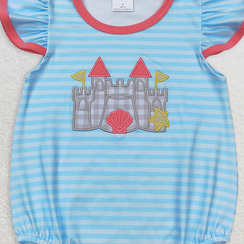 SR1317 RTS NO MOQ  Baby Girls Baby Girls Summer Rompers Castle Embroidery Beach Sibling Clothes Sets