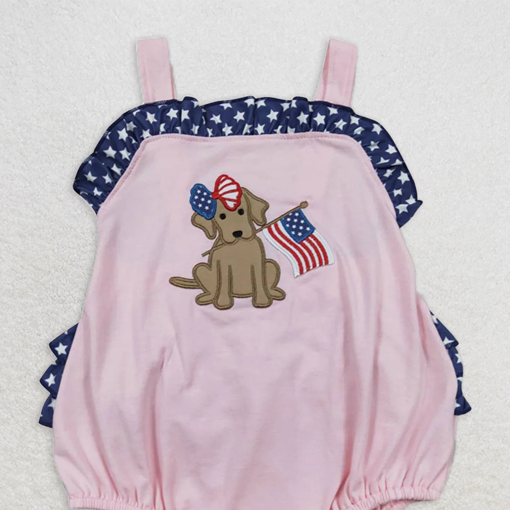 SR0332 RTS NO MOQ Baby Girls Summer Rompers Embroidery Baby Girls Boys 4th Of July Dog Sibling Summer Shorts Sets