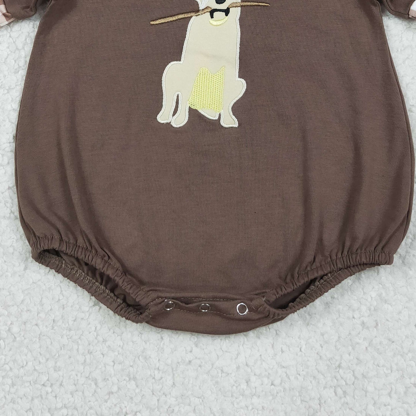 SR3470 RTS NO MOQ （In stock）Short sleeves brown dog embroidery kids boys summer romper