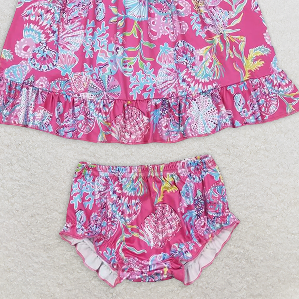 GBO0344  RTS NO MOQ Baby Girls Summer Outfits Baby Girls Pink Shells Tunic Top Bummies Clothes Sets