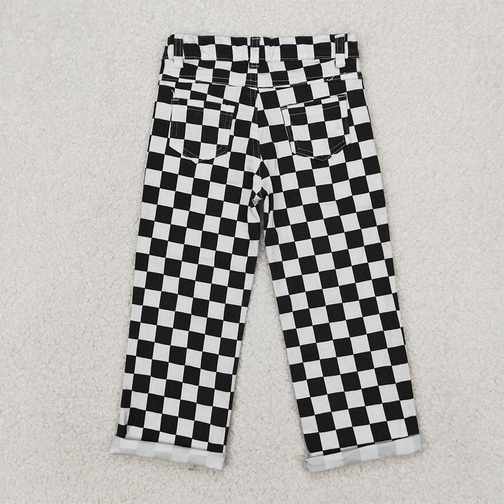 4.07 P0122 RTS NO MOQ Baby Boys Pants Black checked hole baby boy jeans