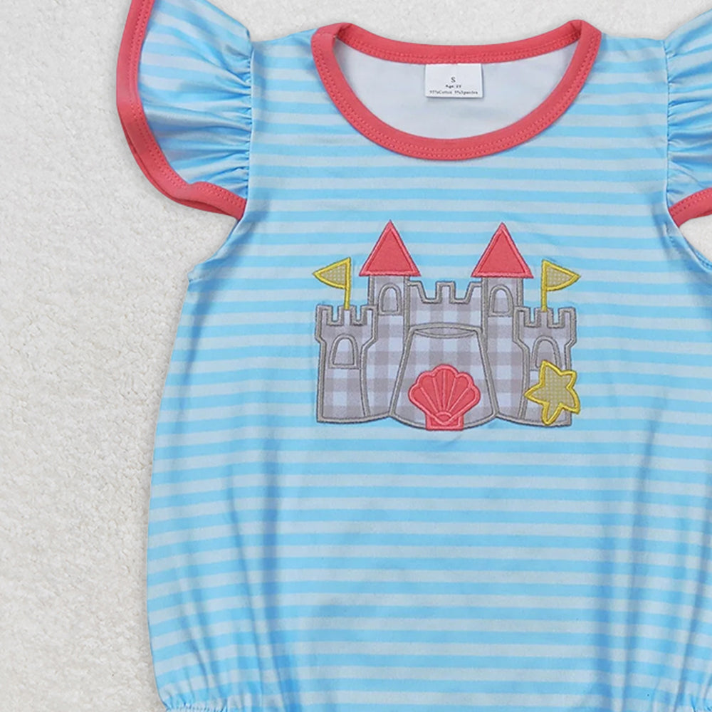 SR1317 RTS NO MOQ  Baby Girls Baby Girls Summer Rompers Castle Embroidery Beach Sibling Clothes Sets