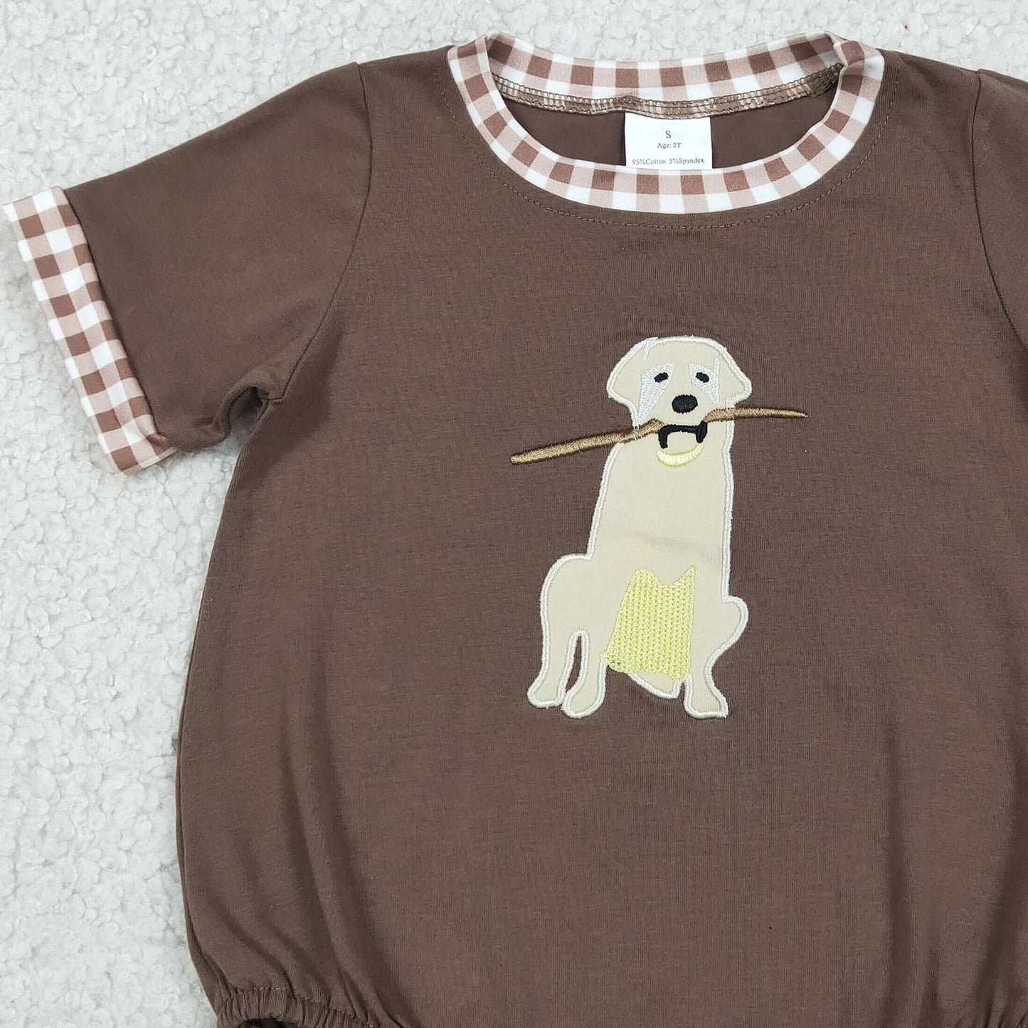 SR3470 RTS NO MOQ （In stock）Short sleeves brown dog embroidery kids boys summer romper