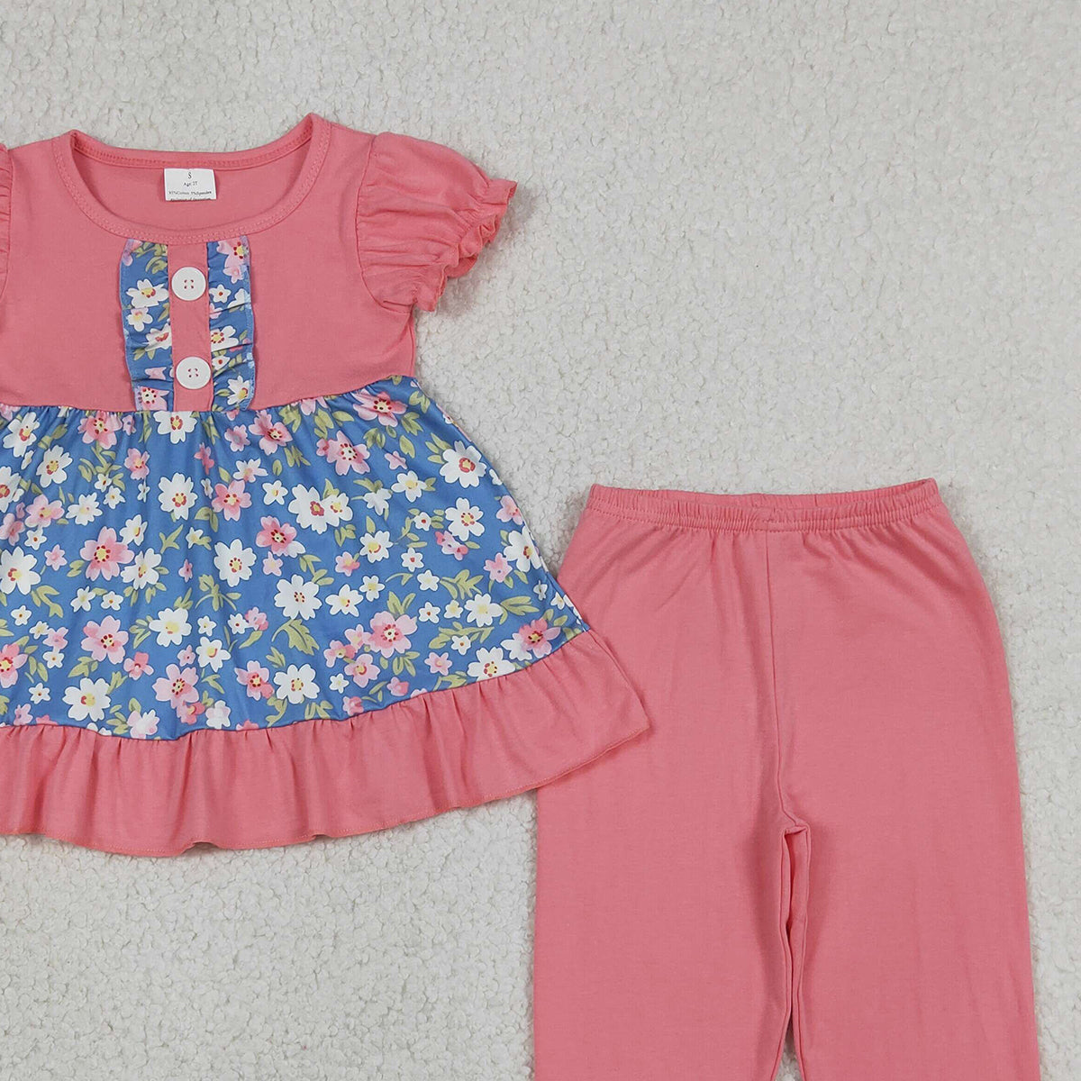 4.13 GSPO1814 RTS NO MOQ （In stock ）Pink short sleeves floral tunic ruffle pants girls clothing