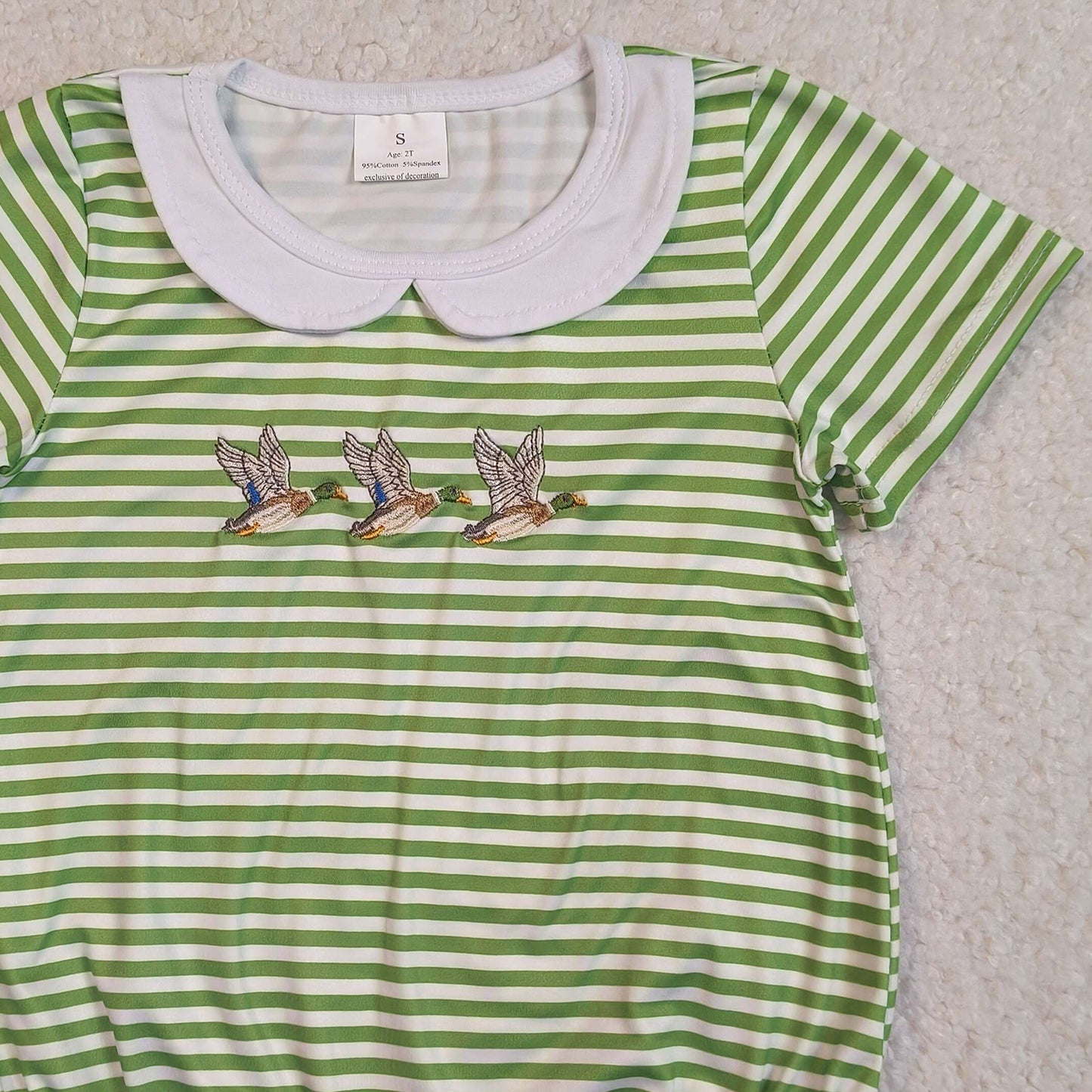 SR4083 RTS NO MOQ （In stock）Green stripe duck embroidery baby boy summer romper