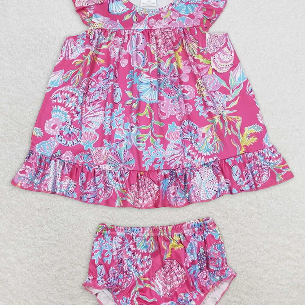 GBO0344  RTS NO MOQ Baby Girls Summer Outfits Baby Girls Pink Shells Tunic Top Bummies Clothes Sets