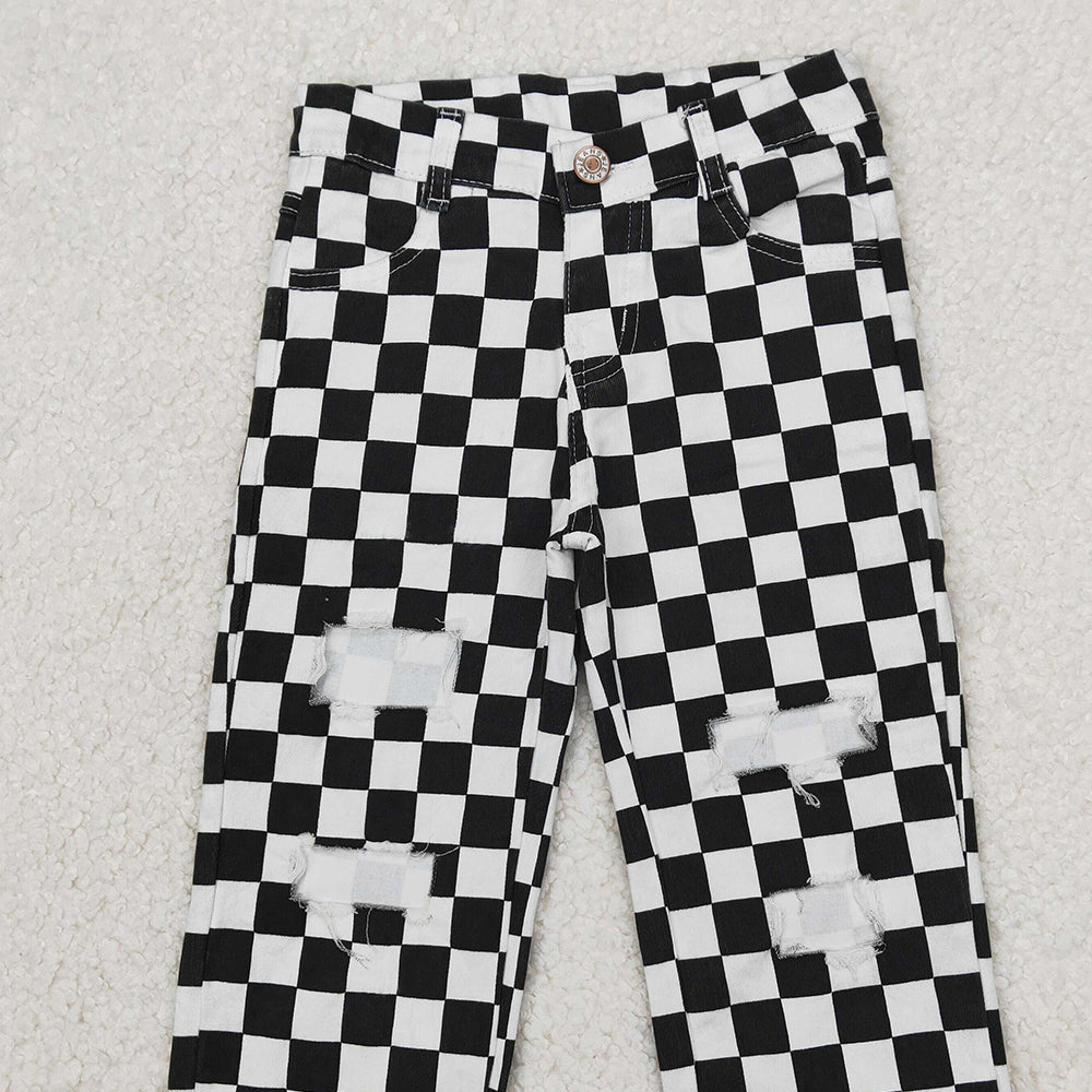 4.07 P0122 RTS NO MOQ Baby Boys Pants Black checked hole baby boy jeans