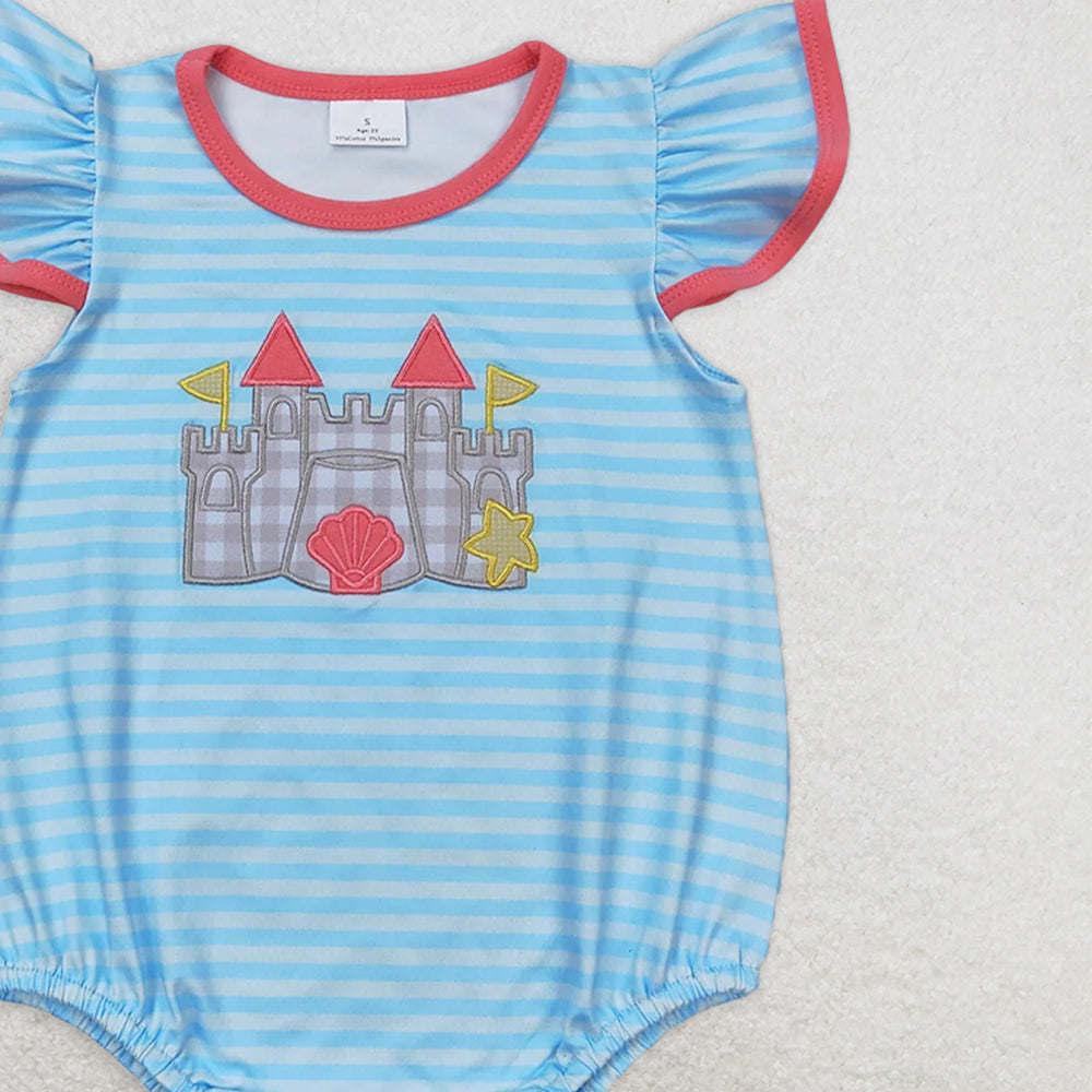 SR1317 RTS NO MOQ  Baby Girls Baby Girls Summer Rompers Castle Embroidery Beach Sibling Clothes Sets