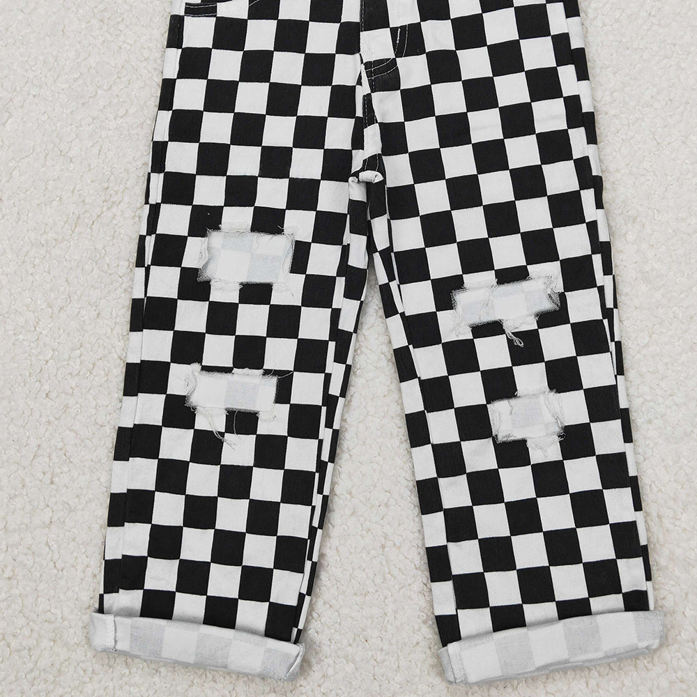 4.07 P0122 RTS NO MOQ Baby Boys Pants Black checked hole baby boy jeans