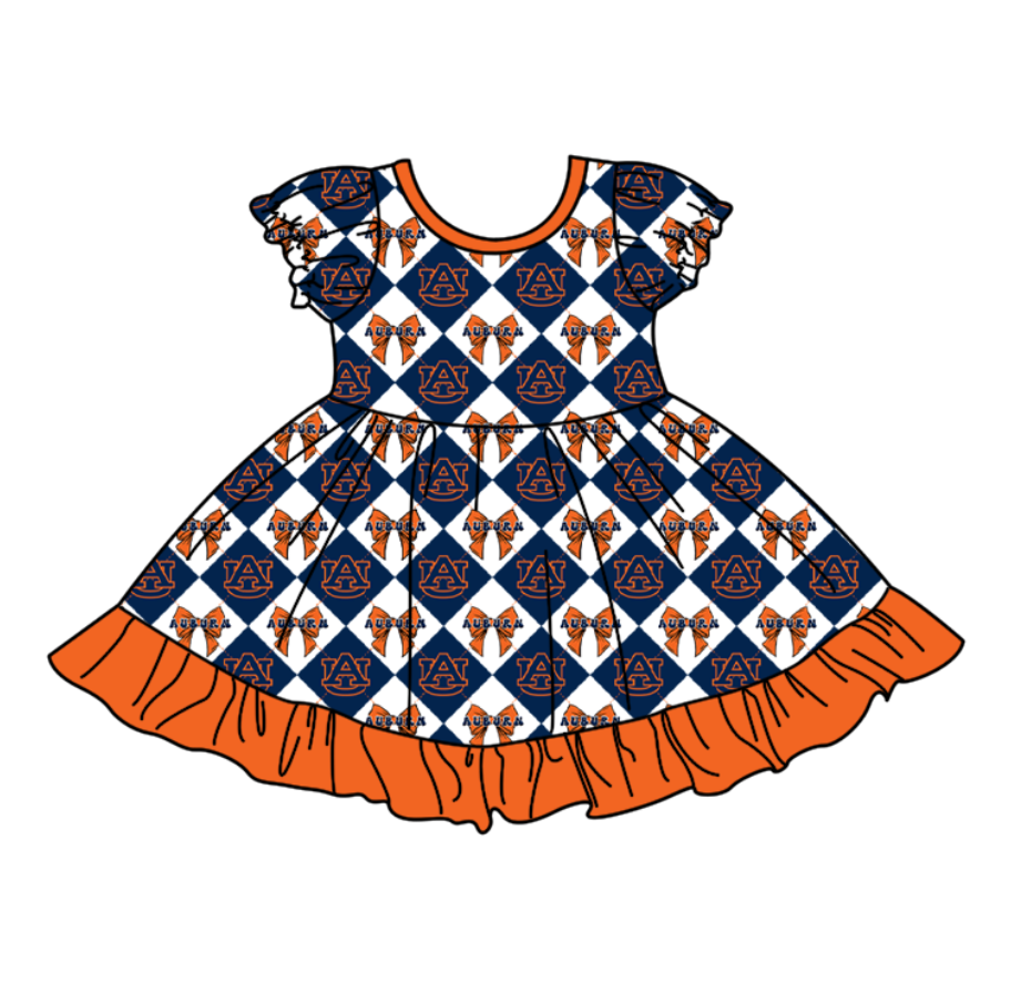 CUSTOM MOQ 5 Baby Girl Dark Blue Bow Plaid Short Sleeve Team Knee Length Dresses