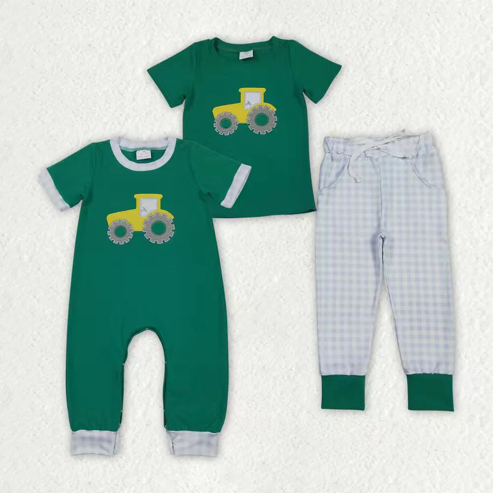 12.2 RTS Sibling Baby Boys Green Embroidery Trucks Checked Pockets Pants Farm Set Footie Rompers