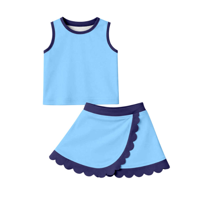 GSD4082 Pre order No Moq No Moq Baby Girls Blue Vest Scallop Skirt Short Yoga Active Clothes Set