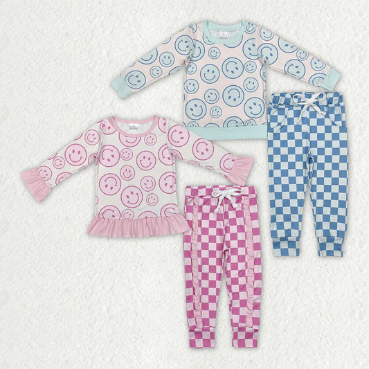 Baby Boys and Girls Smiley Face Print Long Sleeve Top and Plaid Pants Set