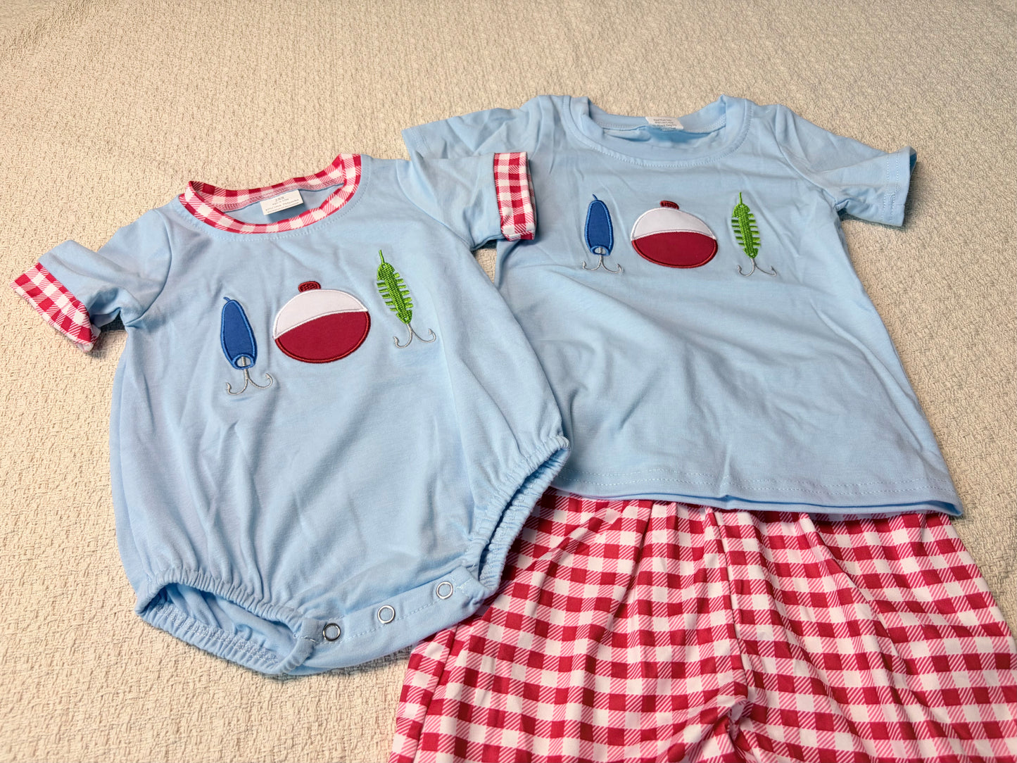 0430 RTS Sibling Short sleeves fishing lure embroidery kids boys outfits and romper