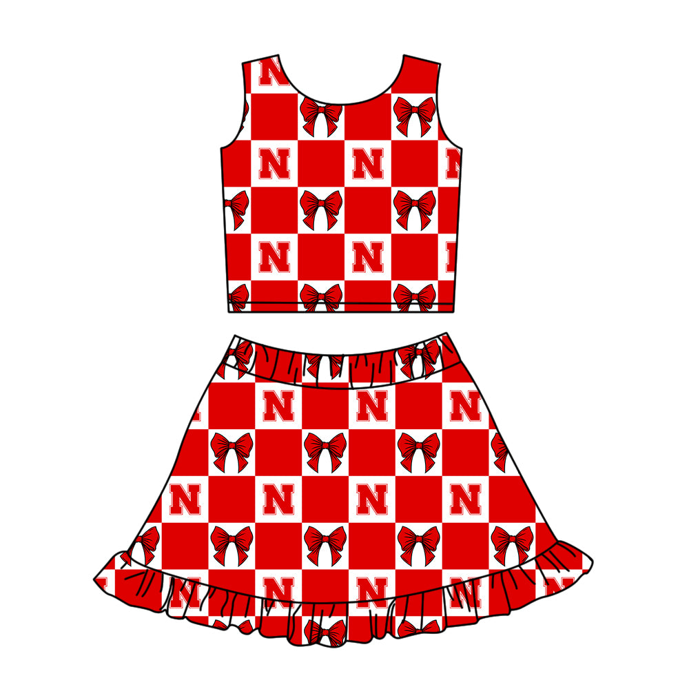 CUSTOM MOQ 5 Sibing Kids Clothing for Girls Baby Girls Red N Bow Top Skirts Yoga Active Team Clothes Sets Knee Length Dress Shorts