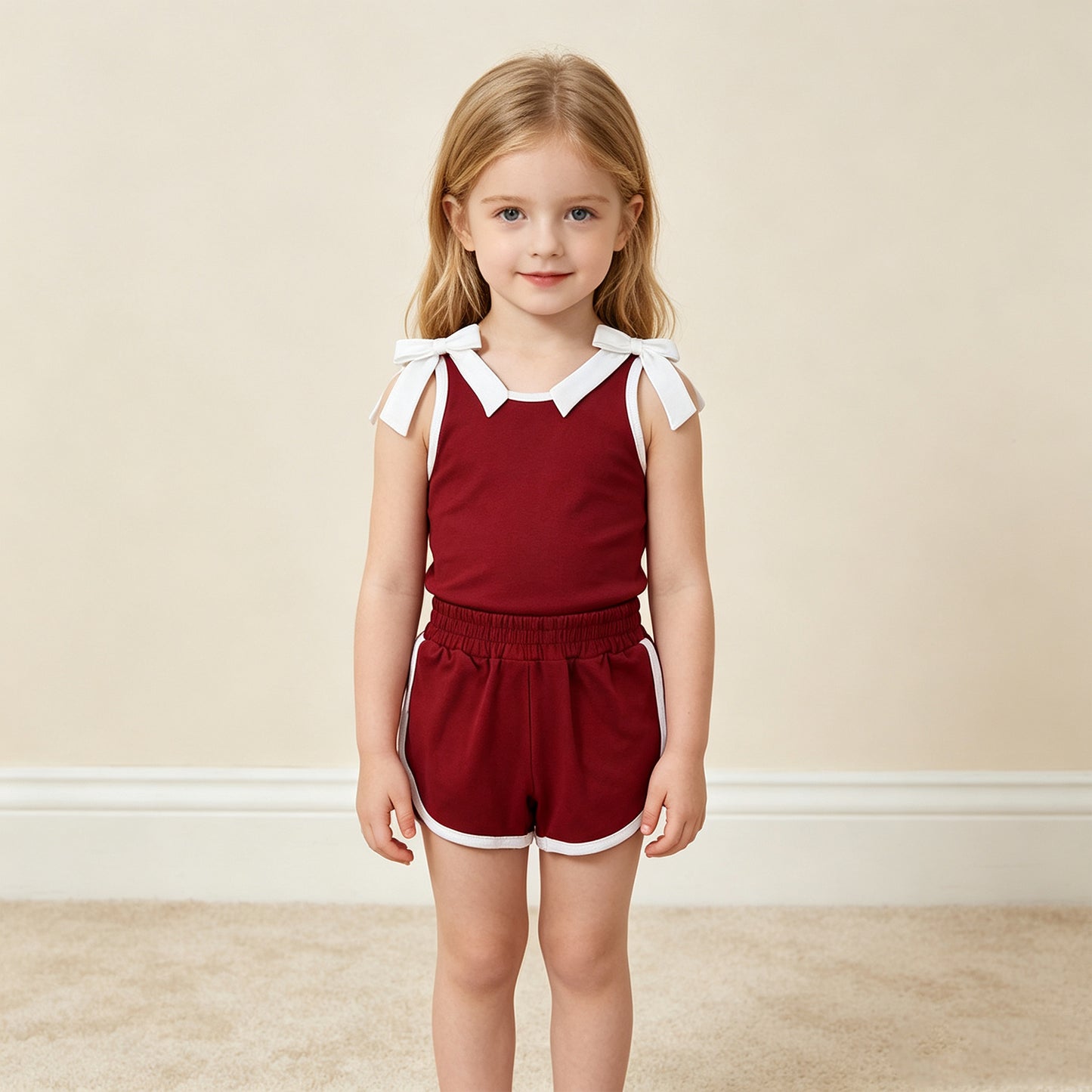 RTS NO MOQ （In stock）cotton GSSO3855 Baby Girls Maroon White Bows Sleeveless Vest Top Short Sets