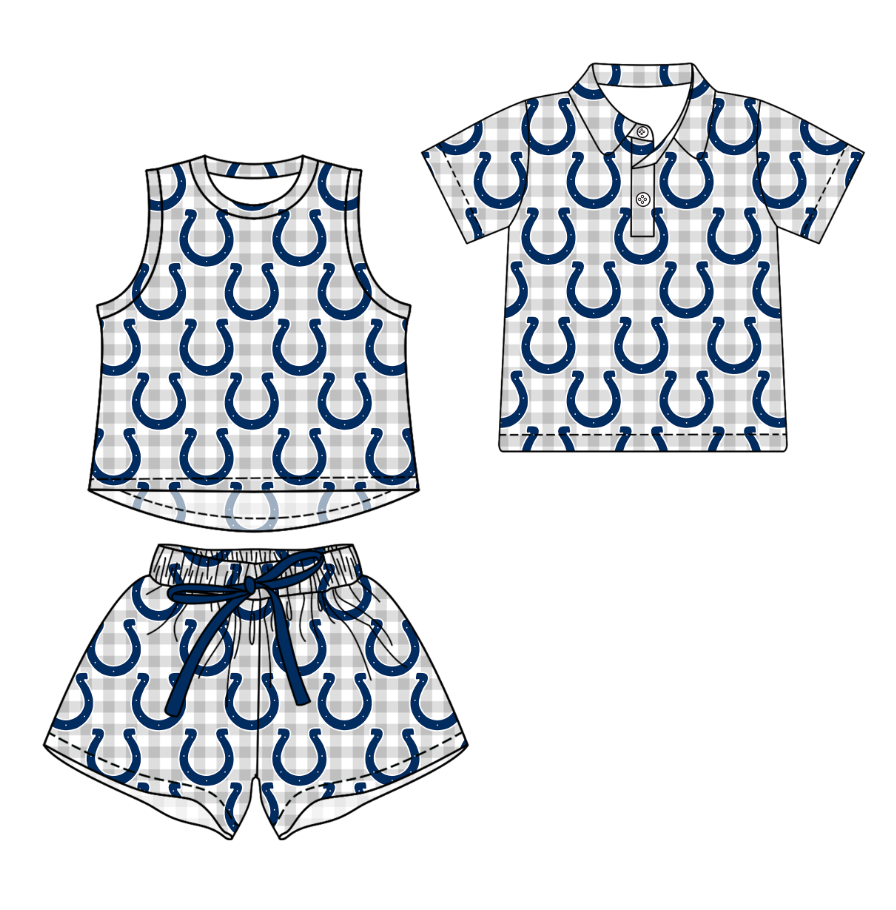 3.17 CUSTOM MOQ 5 Sibling Boys Baby Girls Summer Fashion Gray Check Blue Sleeveless Top Shorts Button Polo Shirts Team Clothes Sets