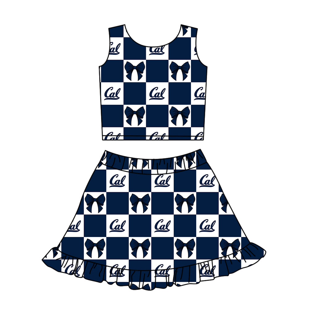 CUSTOM MOQ 5 Sibing Kids Clothing for Girls Baby Girls Dark Blue Bow Top Skirts Yoga Active Team Clothes Sets Knee Length Dress Shorts