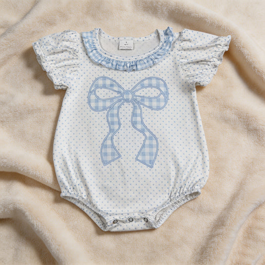 SR4089 RTS NO MOQ （In stock）Short sleeves polka dots bow baby girls summer romper