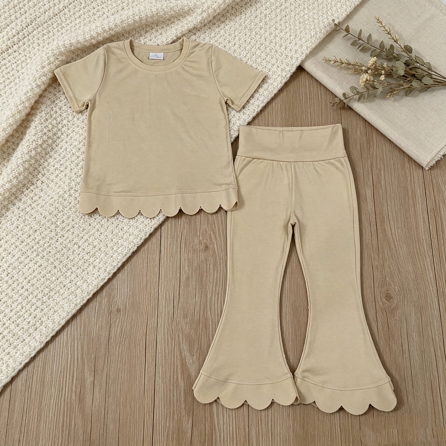 RTS NO MOQ （In stock）cotton GSPO2340（GT1770+P1078）Baby Girls White Short Sleeve Shirts Top Flare Pant Scallop Sets