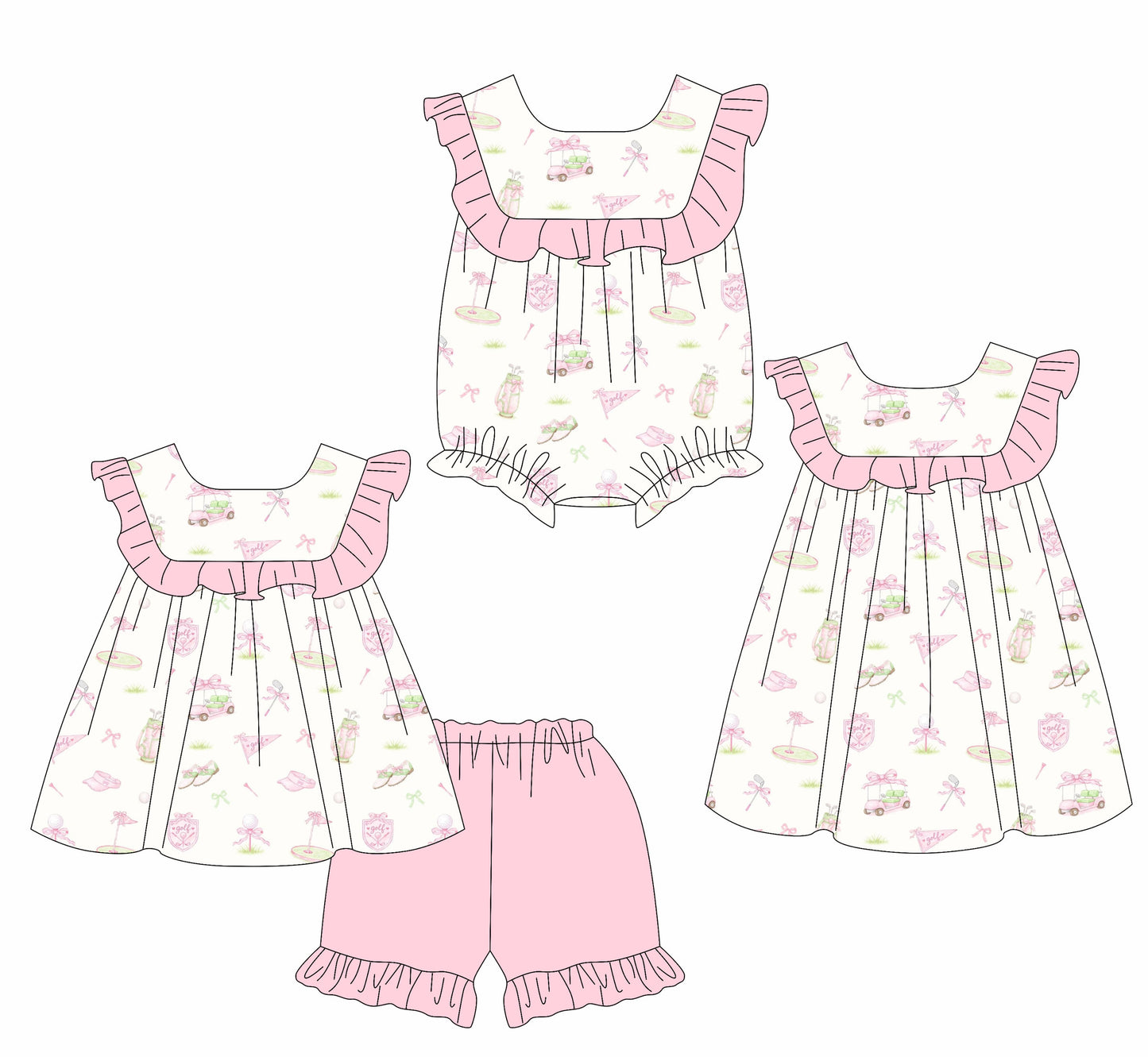 CUSTOM MOQ 5 Sibling Baby Girls Golf Tunic Ruffle Shorts Clothes Set Knee Length Dress Rompers