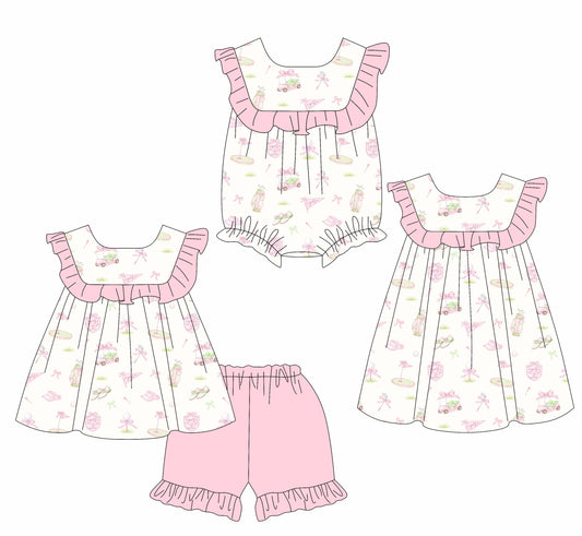 CUSTOM MOQ 5 Sibling Baby Girls Golf Tunic Ruffle Shorts Clothes Set Knee Length Dress Rompers