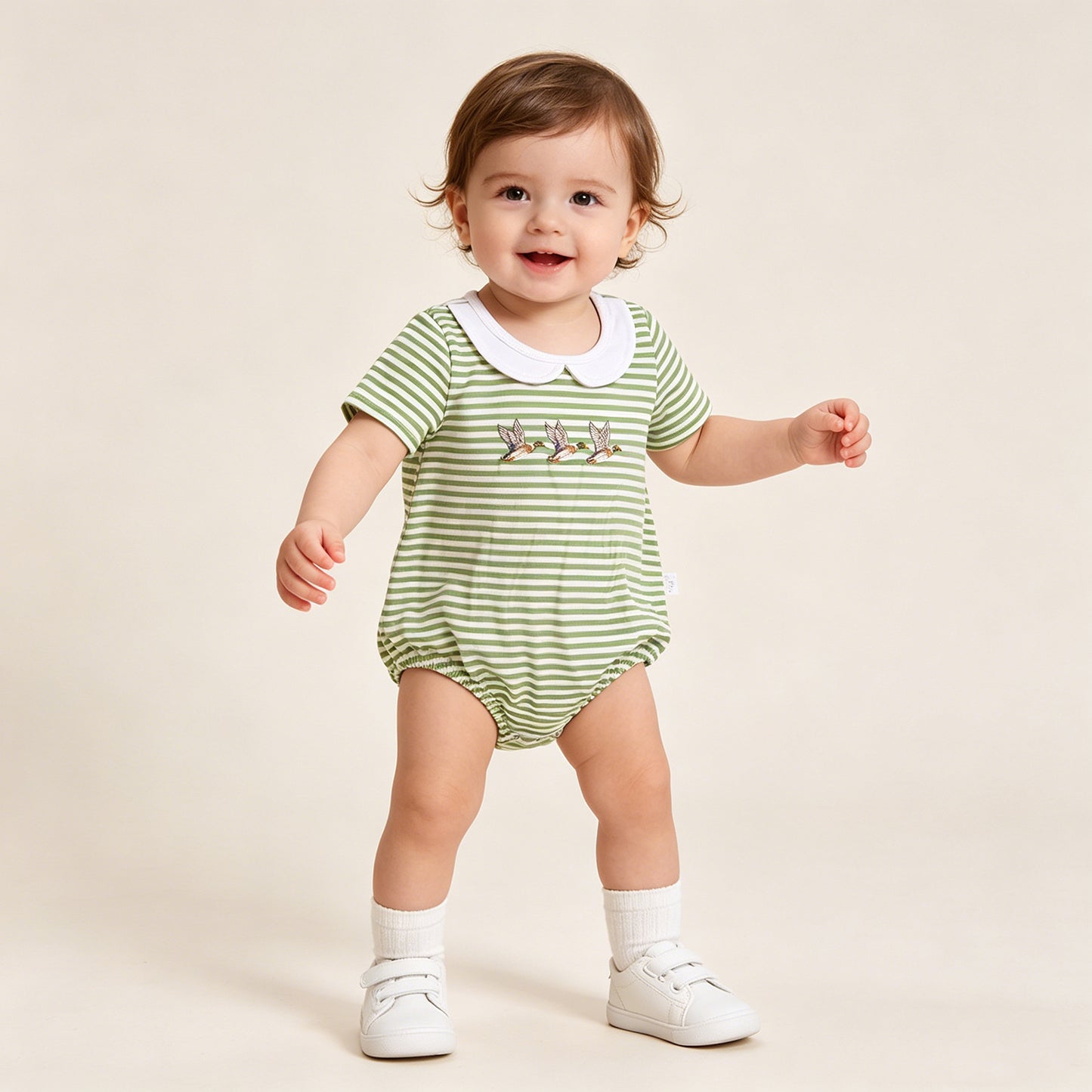 SR4083 RTS NO MOQ （In stock）Green stripe duck embroidery baby boy summer romper
