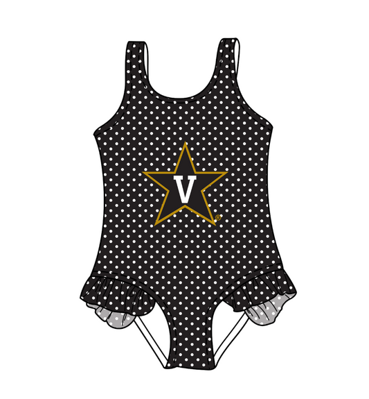 CUSTOM MOQ 5 Cute Comfortable Clothing For Kids Baby Girls Black V Polka Dots Ruffle Team One Piece Swimsuits